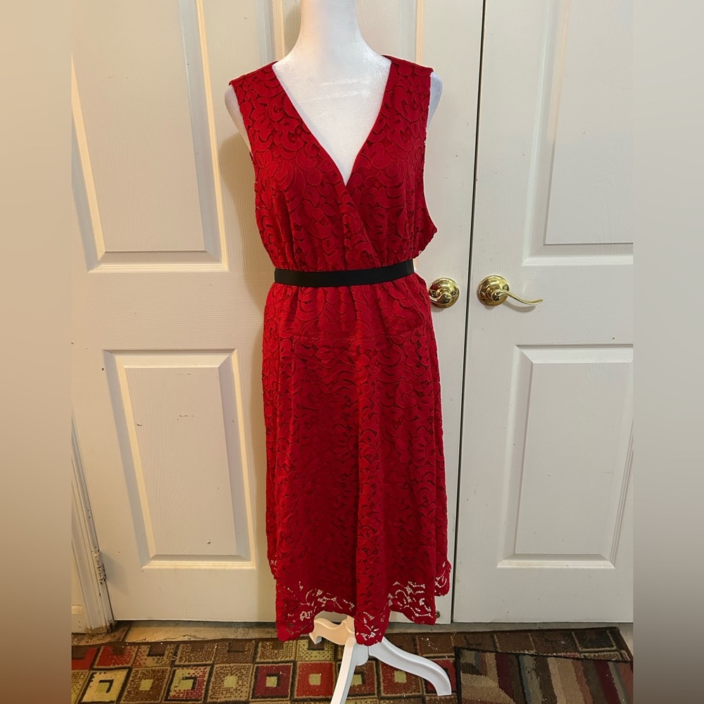 NWT Lane Bryant red lace dress with black belt, size 22